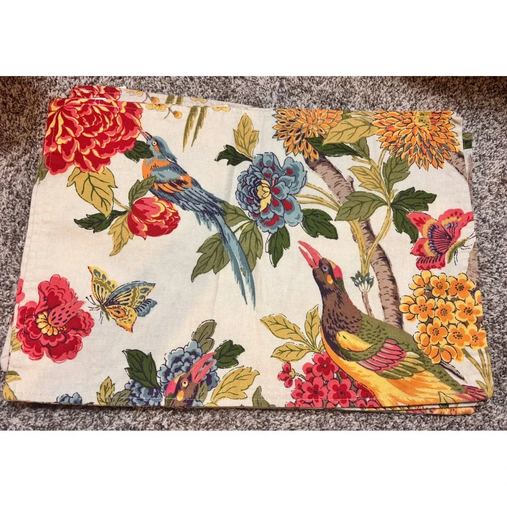 World Market Whippoorwill Placemats Napkins Set 4pc Cream Floral Bird Excellent